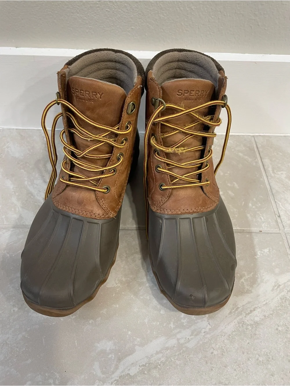 Sperry Brown and Olive Duck Boots